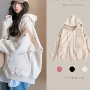 Áo Khoác Hoodie Dây Kéo Có Nón Thêu High Phối Sọc Tay Thể Thao Phong Cách Dáng Rộng Hàn Quốc