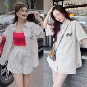 Set Đồ Nữ 3 Món Áo Sơ Mi Quần Short Áo Thun Nữ Vải Kate - Ausa House