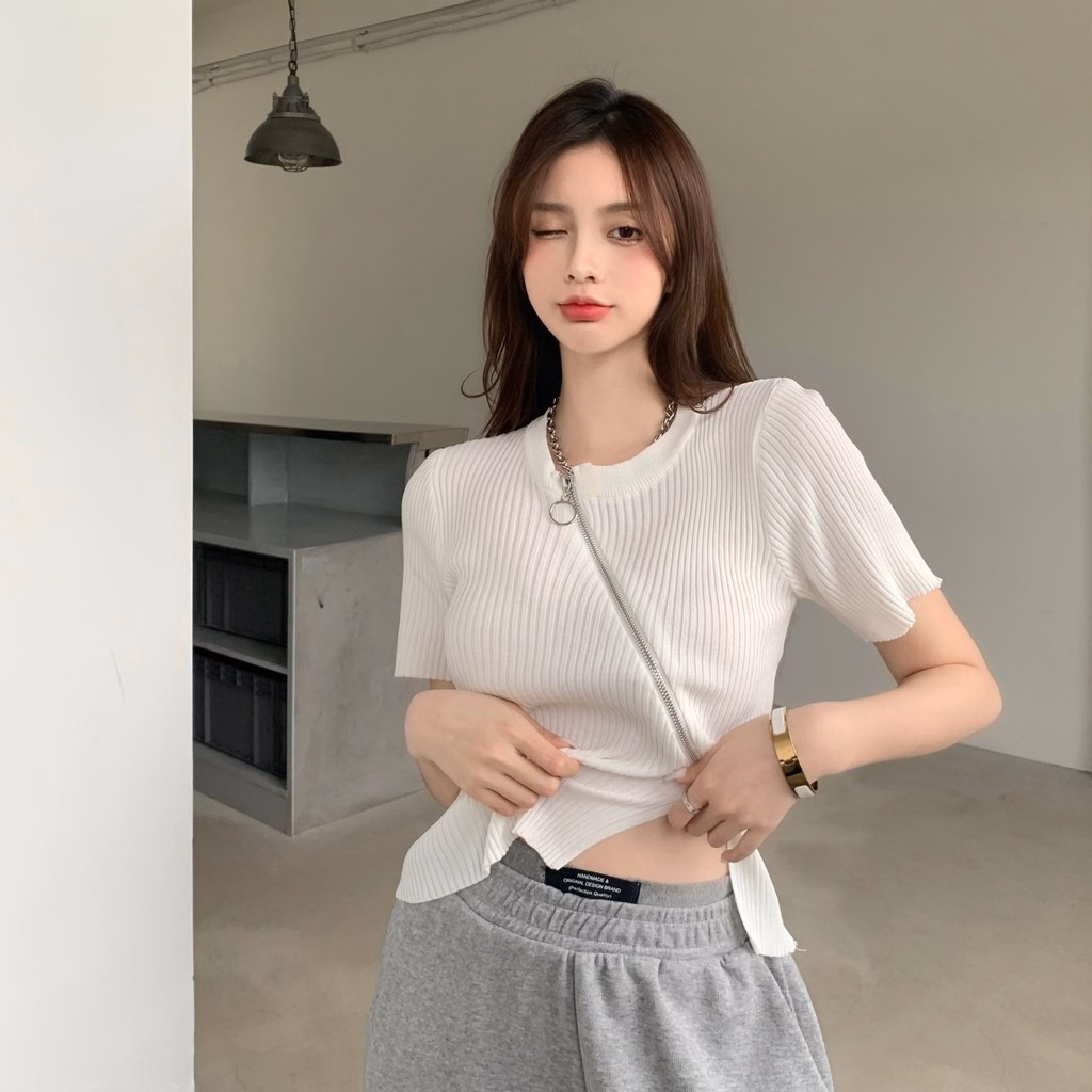 Áo Len Cộc Tay Cổ Tròn Khóa Kéo Độc Đáo Slcxa197 - Chipxinhxk