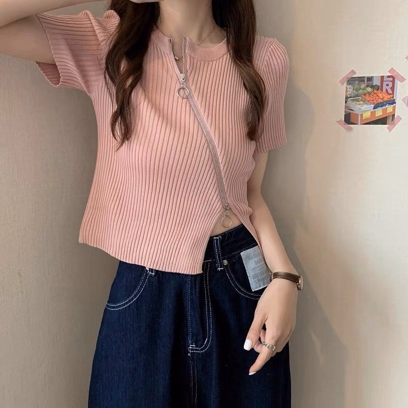 Áo Len Cộc Tay Cổ Tròn Khóa Kéo Độc Đáo Slcxa197 - Chipxinhxk - Ảnh 3