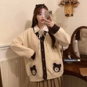 Áo Khoác Cardigan Hình Gấu 2 Bên Túi