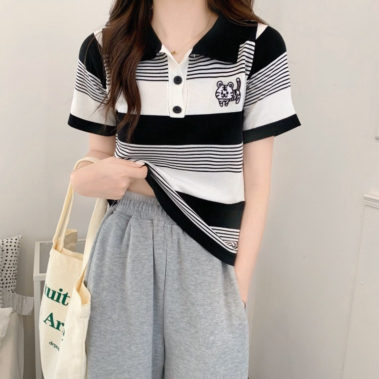Áo Len Cộc Tay Cổ Đức Họa Tiết Kẻ Ngang Thêu Hình Hổ Con Sldca195 - Diepchi Fashion - Ảnh 2