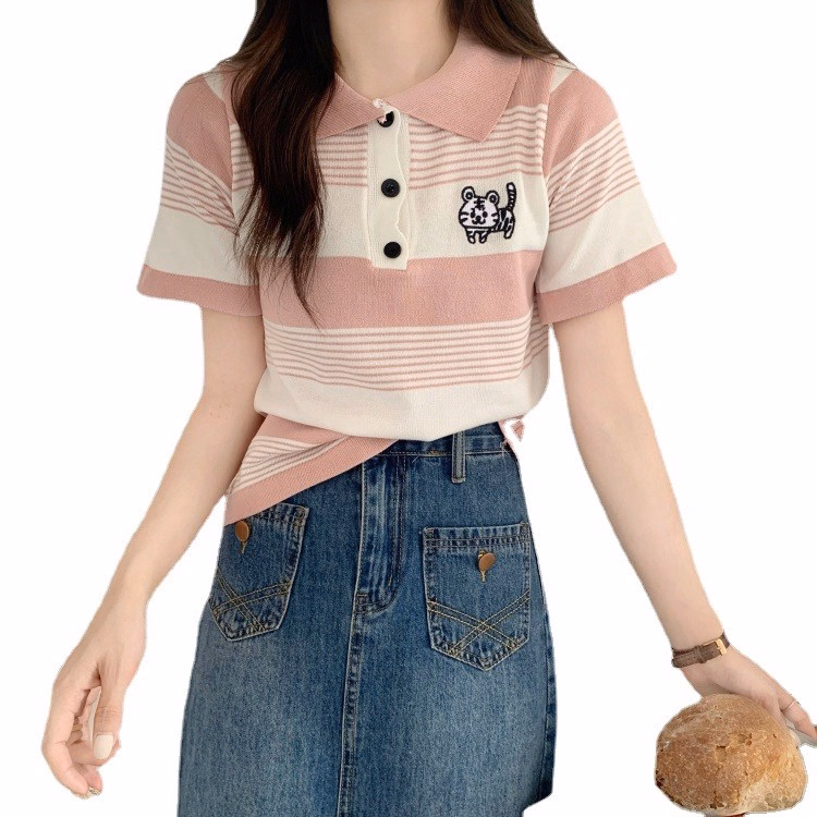 Áo Len Cộc Tay Cổ Đức Họa Tiết Kẻ Ngang Thêu Hình Hổ Con Sldca195 - Diepchi Fashion - Ảnh 3