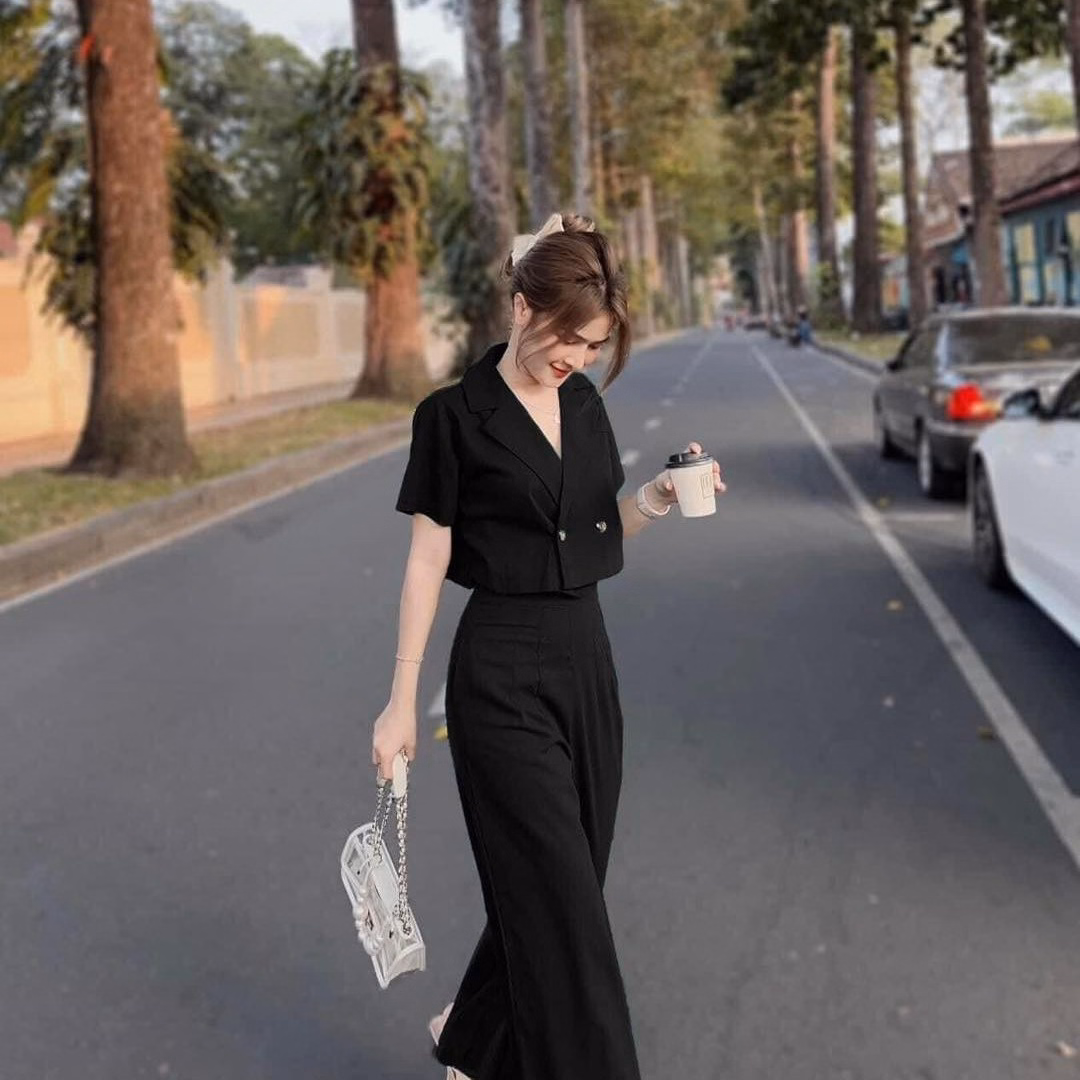 Set Bộ Đồ Nữ Áo Croptop Mix Quần Thun Gân Ống Suông Sa115 - Sam Store