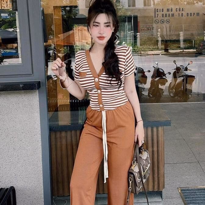 Set Bộ Đồ Nữ Thun Gân Áo Cổ Tim Mix Quần Ống Suông Bt089 - Nana House - Ảnh 3