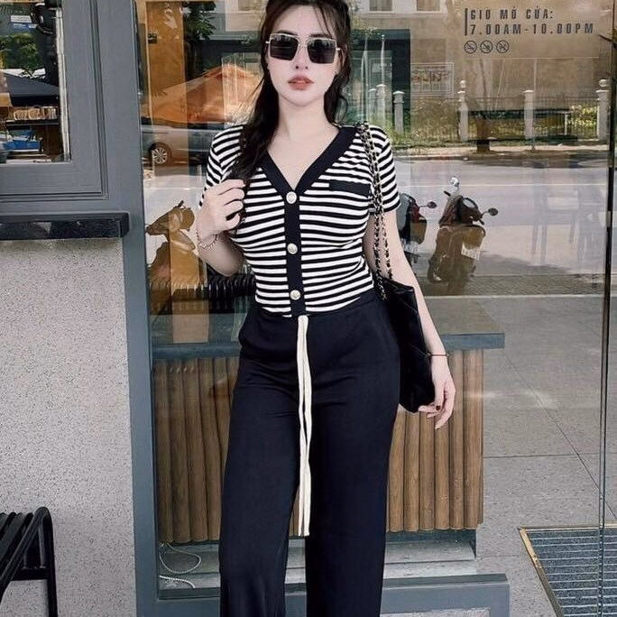 Set Bộ Đồ Nữ Thun Gân Áo Cổ Tim Mix Quần Ống Suông Sa118 - Sam Store - Ảnh 2