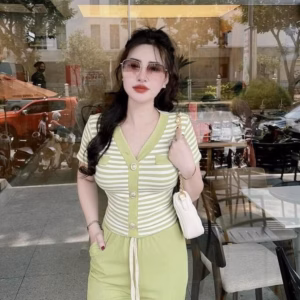 Set Bộ Đồ Nữ Thun Gân Áo Cổ Tim Mix Quần Ống Suông Sa118 - Sam Store