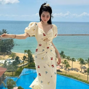 Đầm Váy Nữ Lụa Hoa Tay Phồng Rút Dây Ngực Sa123- Sam Store