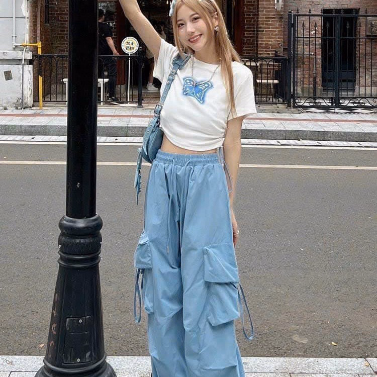 Set Bộ Đồ Nữ Áo Crotop Nhún Eo Hoa Tiết Bươm Bướm Mix Quần Ống Rộng Phối Túi Dd0019 - Nana House - Ảnh 4