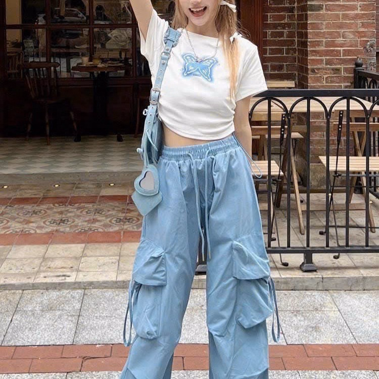 Set Bộ Đồ Nữ Áo Crotop Nhún Eo Hoa Tiết Bươm Bướm Mix Quần Ống Rộng Phối Túi Dd0019 - Nana House - Ảnh 2