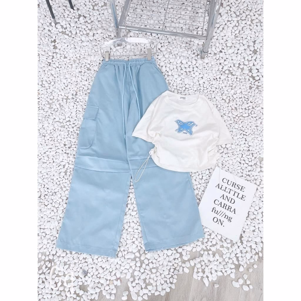 Set Bộ Đồ Nữ Áo Crotop Nhún Eo Hoa Tiết Bươm Bướm Mix Quần Ống Rộng Phối Túi Dd0019 - Nana House - Ảnh 5