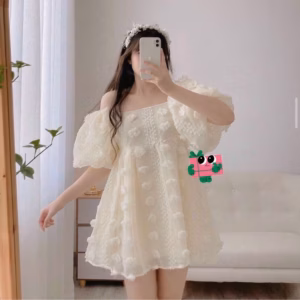 Đầm Nữ Hoa Vải Voan 2 Lớp Đính Lông Tơ Bẹt Vai - Ausa House