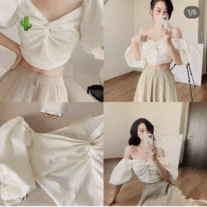 Áo Nữ Xoắn Tay Phồng Nhúm Eo Bẹt Vai - Ausa House