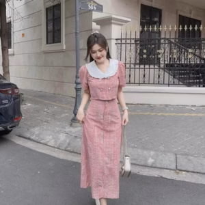 Set Bộ Đồ Nữ Áo Cropop Cổ Bèo Mix Chân Váy Đũi Dài Sa130 - Sam Store