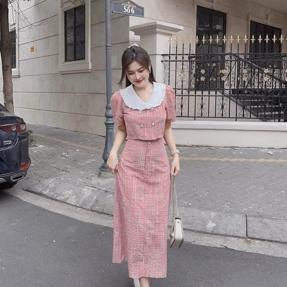 Set Bộ Đồ Nữ Áo Cropop Cổ Bèo Mix Chân Váy Đũi Dài Sa130 - Sam Store