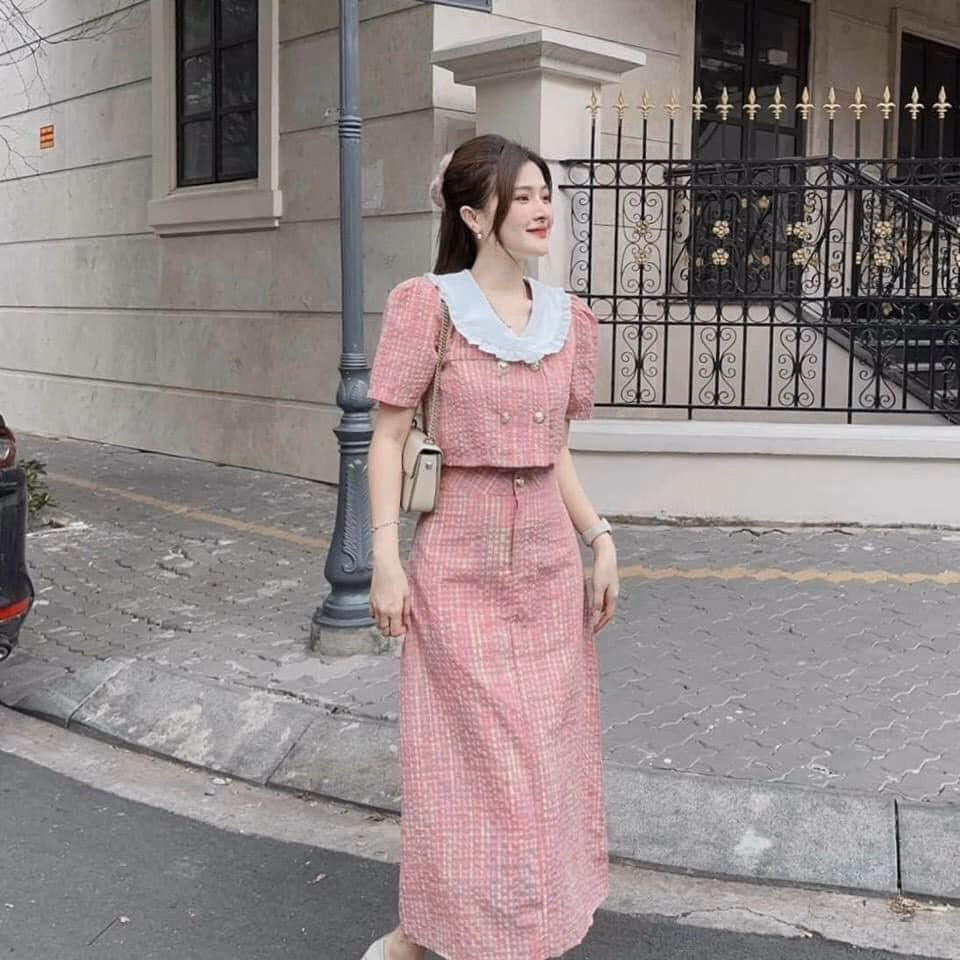 Set Bộ Đồ Nữ Áo Cropop Cổ Bèo Mix Chân Váy Đũi Dài Sa130 - Sam Store - Ảnh 2