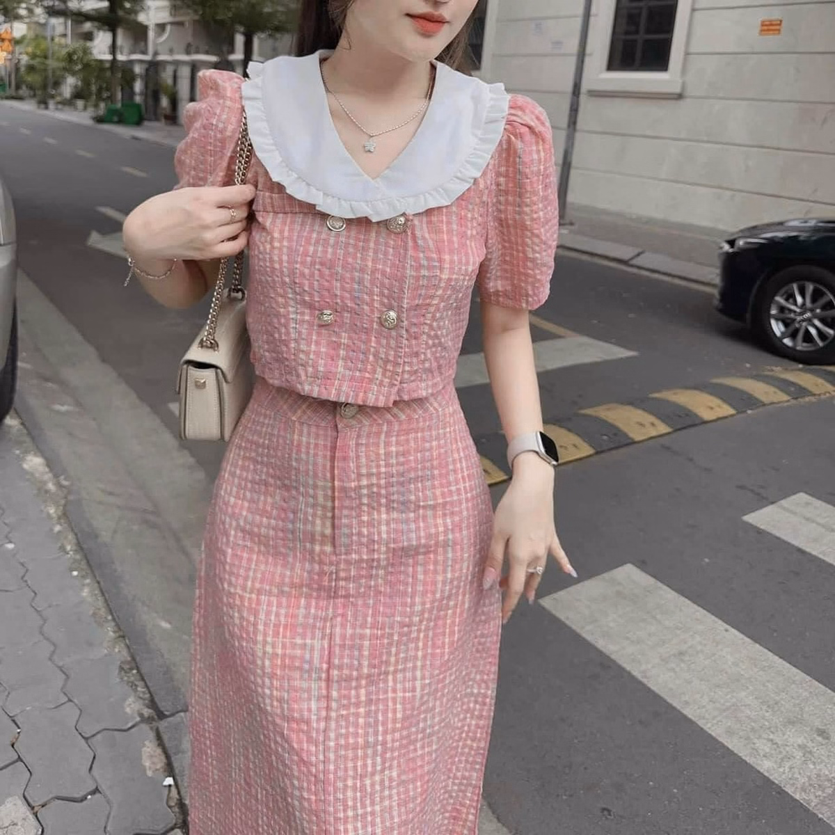 Set Bộ Đồ Nữ Áo Crotop Cổ Bèo Mix Chân Váy Đũi Dài Bt898 - Nana House - Ảnh 6