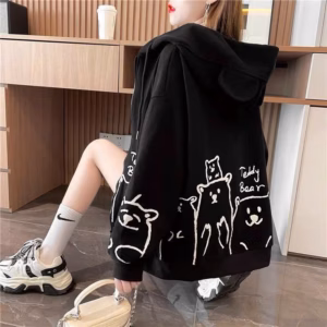 Áo Khoác Nỉ Nữ Chất Liệu Vải Cực Kì Mềm Mịn Form Rộng Bao Đẹp In Theo Họa Tiết Hình Gấu Teddy Bear Khóa Kéo Có Nón Bao Ngầu Hàng Hot Trend-Htm Fashion
