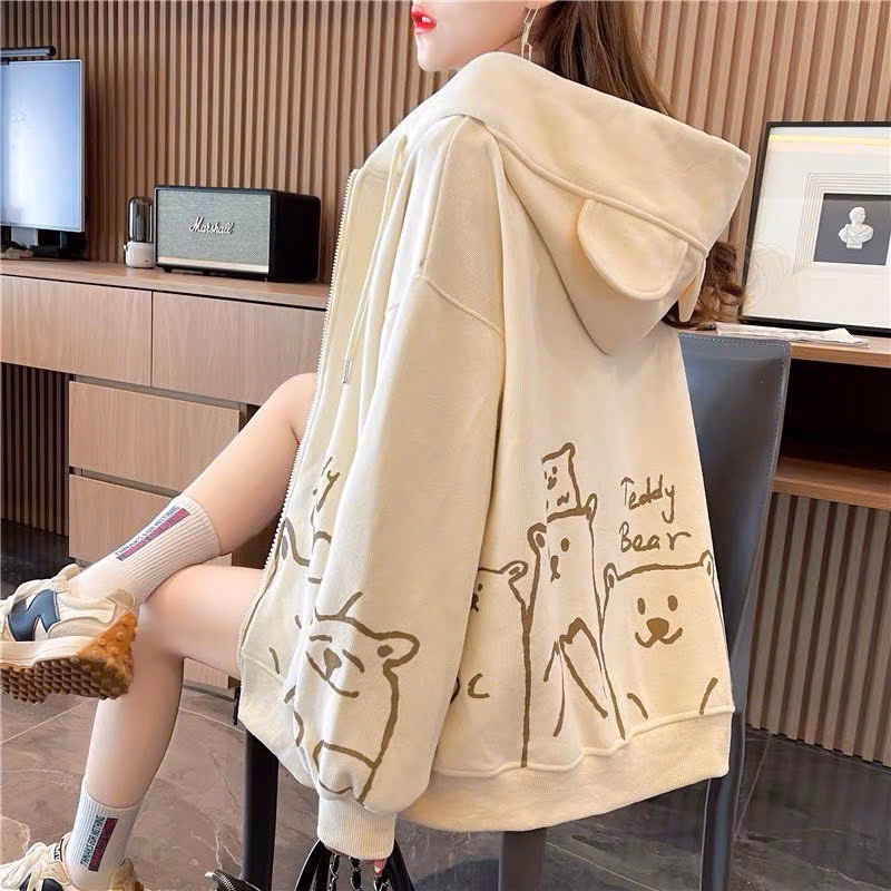 Áo Khoác Nỉ Nữ Chất Liệu Vải Cực Kì Mềm Mịn Form Rộng Bao Đẹp In Theo Họa Tiết Hình Gấu Teddy Bear Khóa Kéo Có Nón Bao Ngầu Hàng Hot Trend-Htm Fashion - Ảnh 3