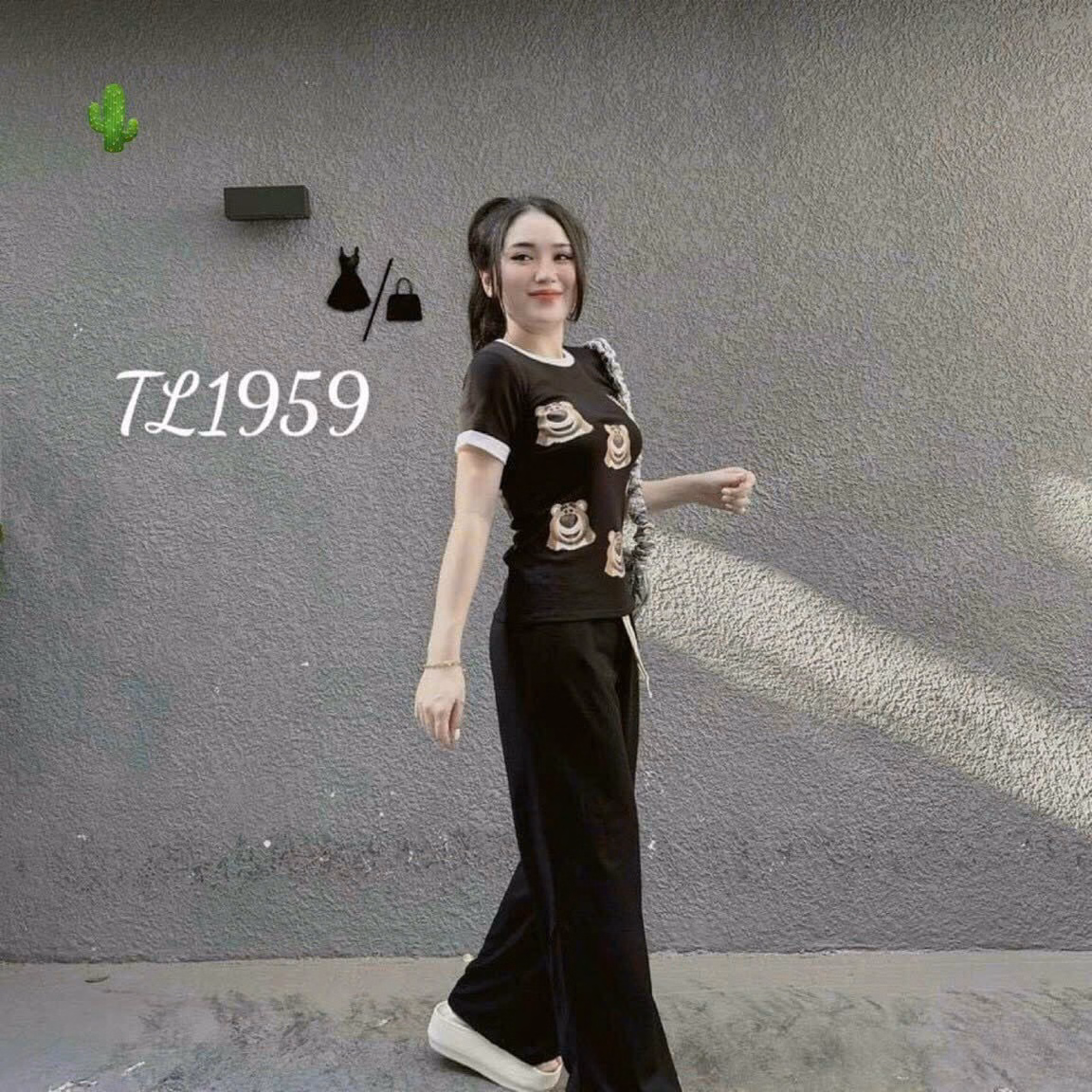 Set Đồ Nữ Áo Tay Lỡ Phối Quần Dài Suông In Gấu - Ausa House