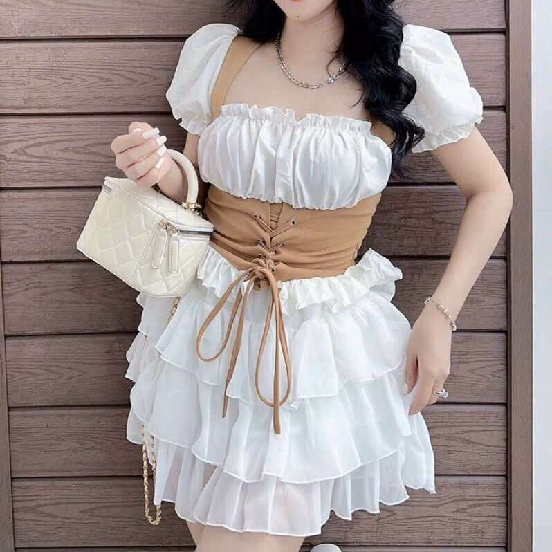 Set Đồ Nữ Chân Váy Bèo Nhúm Đa Tầng Phối Áo Tay Phồng Dây Cột Rút Eo - Ausa House - Ảnh 2