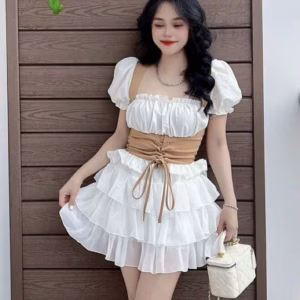 Set Đồ Nữ Chân Váy Bèo Nhúm Đa Tầng Phối Áo Tay Phồng Dây Cột Rút Eo - Ausa House