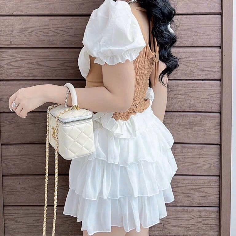 Set Đồ Nữ Chân Váy Bèo Nhúm Đa Tầng Phối Áo Tay Phồng Dây Cột Rút Eo - Ausa House - Ảnh 4