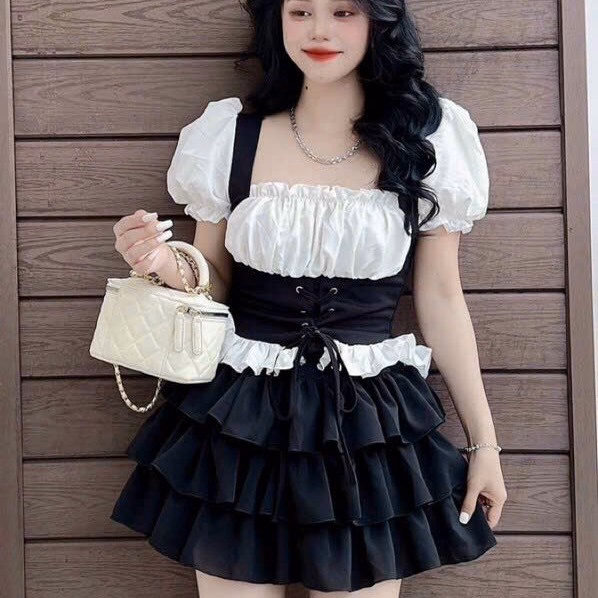 Set Đồ Nữ Chân Váy Bèo Nhúm Đa Tầng Phối Áo Tay Phồng Dây Cột Rút Eo - Ausa House - Ảnh 3