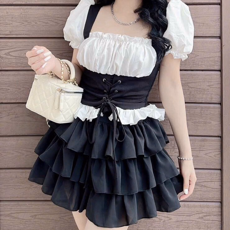 Set Đồ Nữ Chân Váy Bèo Nhúm Đa Tầng Phối Áo Tay Phồng Dây Cột Rút Eo - Ausa House - Ảnh 5