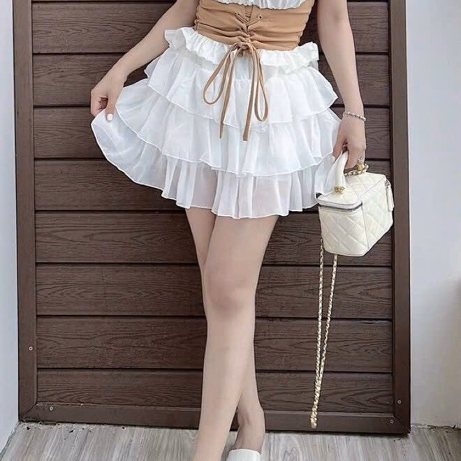 Set Đồ Nữ Chân Váy Bèo Nhúm Đa Tầng Phối Áo Tay Phồng Dây Cột Rút Eo - Ausa House - Ảnh 6