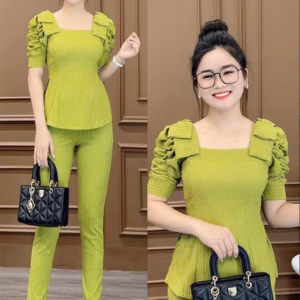 Set Bộ Đồ Nữ Thun Xốp Áo Tay Phồng Quần Dài Ống Ôm Bt389 - Nana House