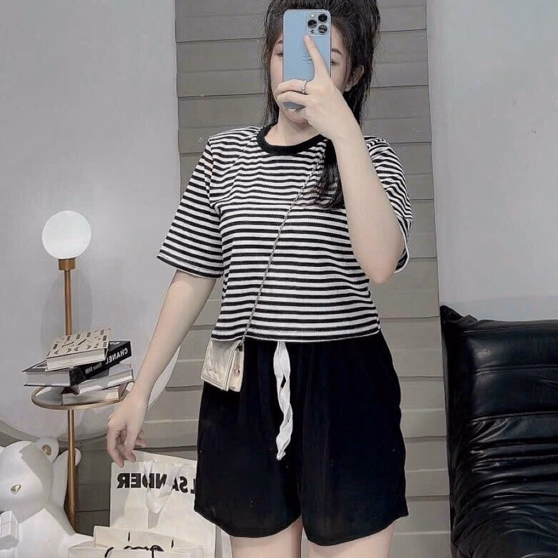 Set Đồ Nữ Kẻ Sọc Ngang Phối Quần Short Thun Gân - Ausa House - Ảnh 2