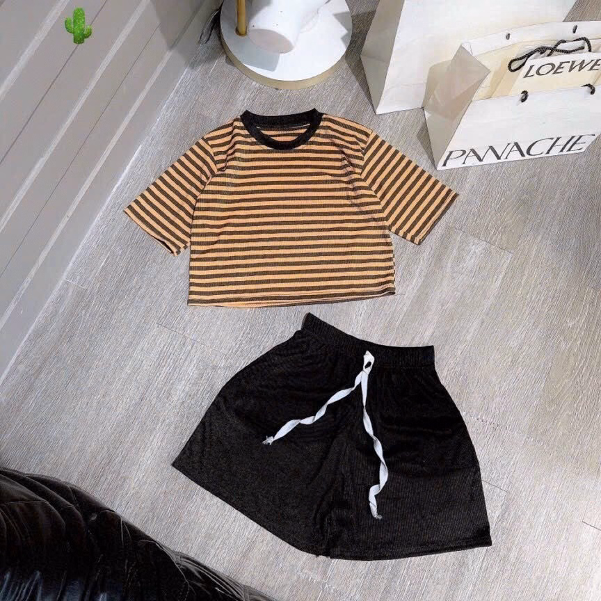 Set Đồ Nữ Kẻ Sọc Ngang Phối Quần Short Thun Gân - Ausa House - Ảnh 4