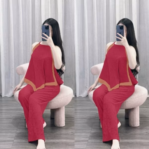 Set Bộ Đồ Nữ Thun Xốp Áo Cổ Yếm Viền Phối Quần Dài Sa142 - Sam Store