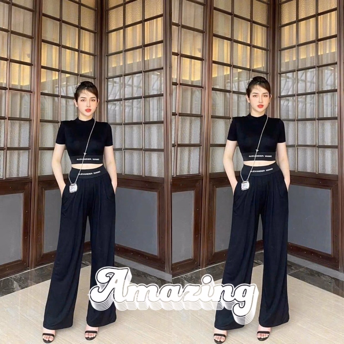 Set Bộ Đồ Nữ Thun Dẻo Áo Crotop Mix Quần Ống Suông Dài Sa143 - Sam Store - Ảnh 2