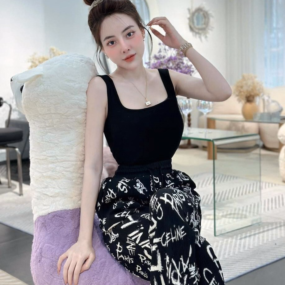 Set Bộ Đồ Nữ Thun Gân In 3D Áo Ba Lỗ Mix Quần Ống Suông Bt089 - Nana House - Ảnh 2