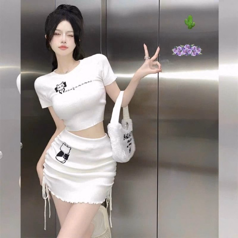 Set Đồ Nữ Áo Croptop Phôi Chân Váy Ngắn Dây Rút In Mèo Cute - Ausa House - Ảnh 2