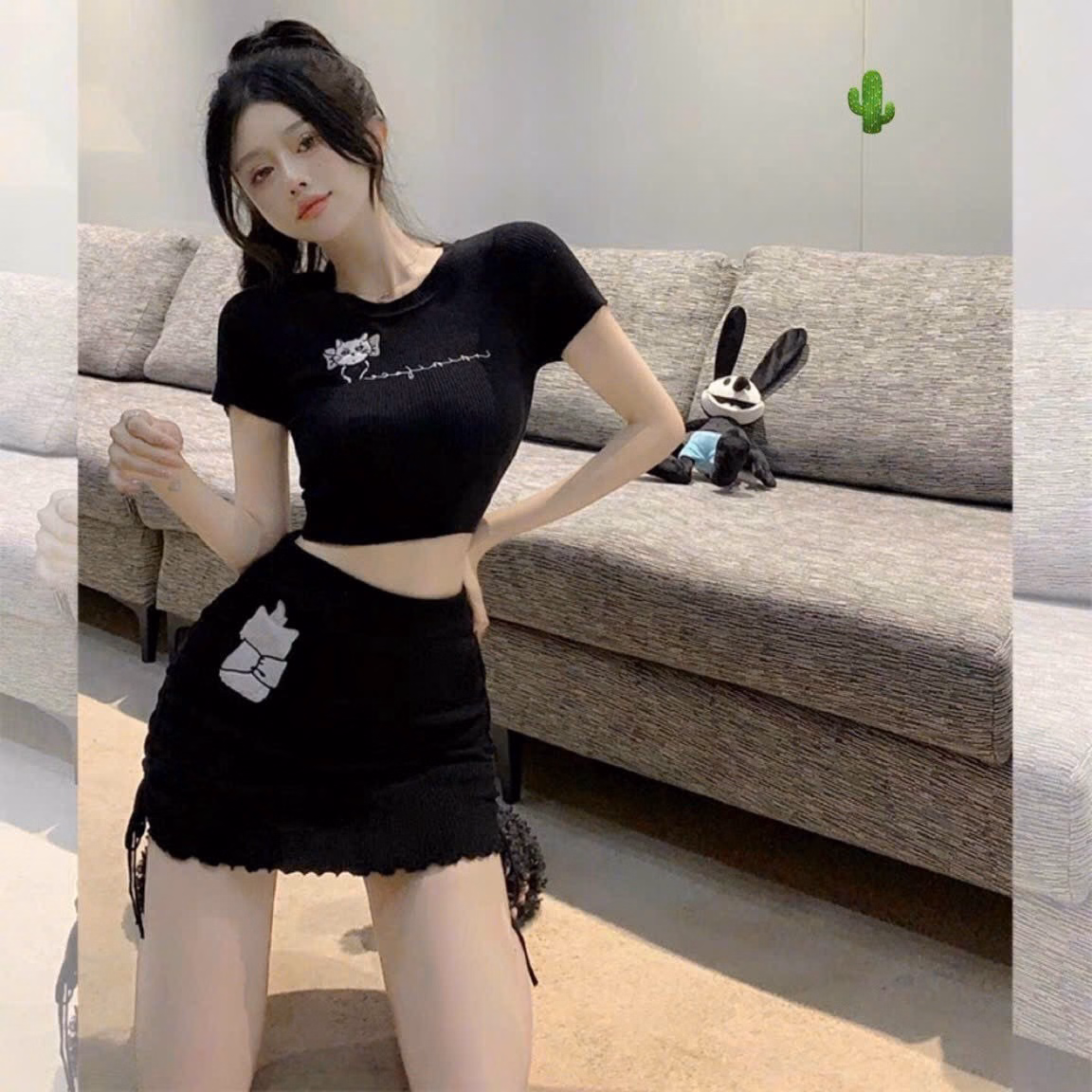 Set Đồ Nữ Áo Croptop Phôi Chân Váy Ngắn Dây Rút In Mèo Cute - Ausa House - Ảnh 3