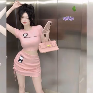 Set Đồ Nữ Áo Croptop Phôi Chân Váy Ngắn Dây Rút In Mèo Cute - Ausa House