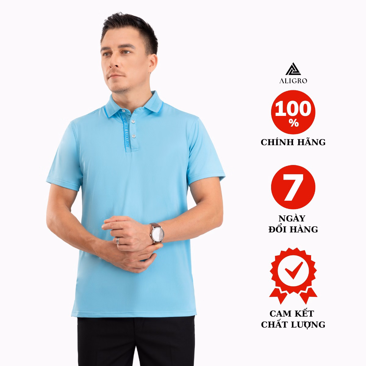Áo Polo Golf Nam Ngắn Tay Chất Vải Coolmax Màu Xanh Biển Năng Động Algplo105 - Aligro - Ảnh 2