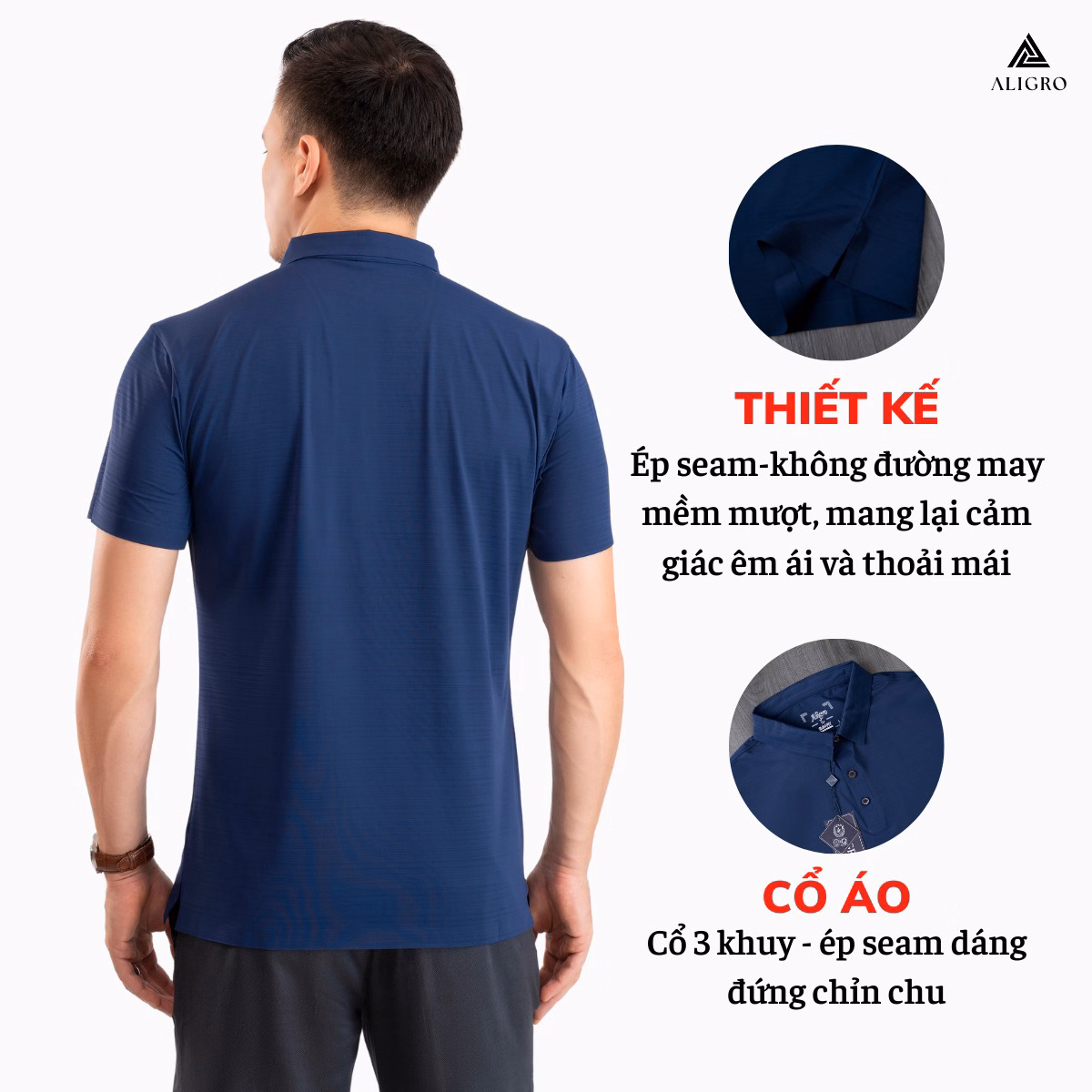Áo Polo Golf Nam Ngắn Tay Chất Vải Coolmax Trơn Màu Navy Năng Động Algplo122- Aligro - Ảnh 3