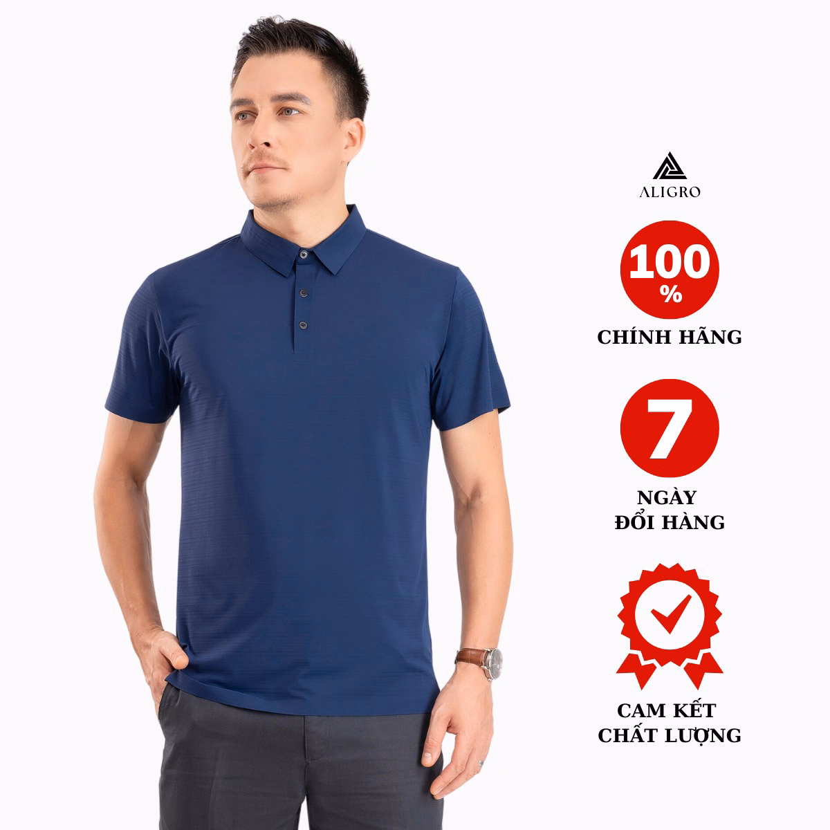 Áo Polo Golf Nam Ngắn Tay Chất Vải Coolmax Trơn Màu Navy Năng Động Algplo122- Aligro