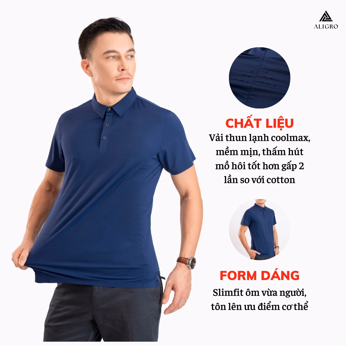 Áo Polo Golf Nam Ngắn Tay Chất Vải Coolmax Trơn Màu Navy Năng Động Algplo122- Aligro - Ảnh 2