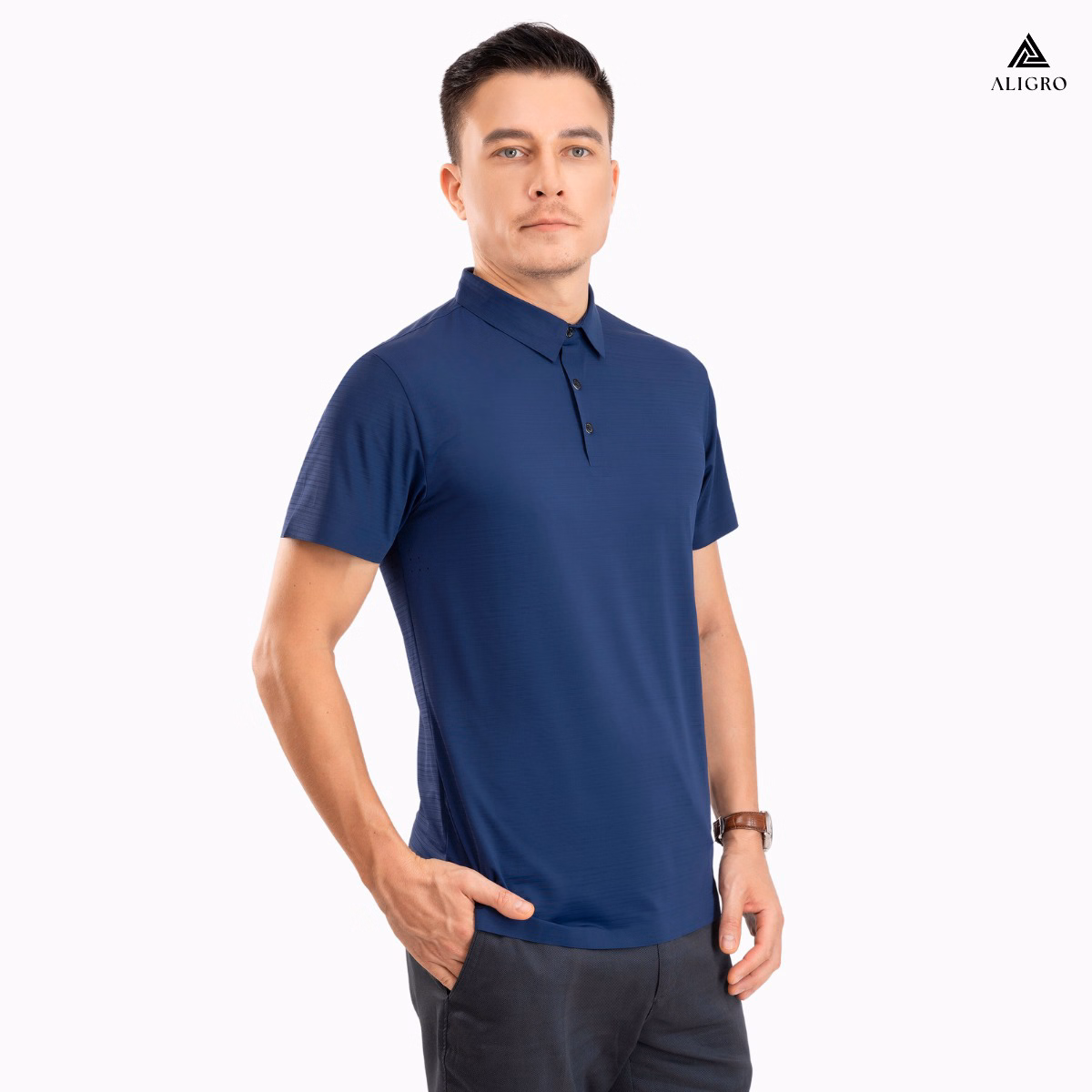 Áo Polo Golf Nam Ngắn Tay Chất Vải Coolmax Trơn Màu Navy Năng Động Algplo122- Aligro - Ảnh 4