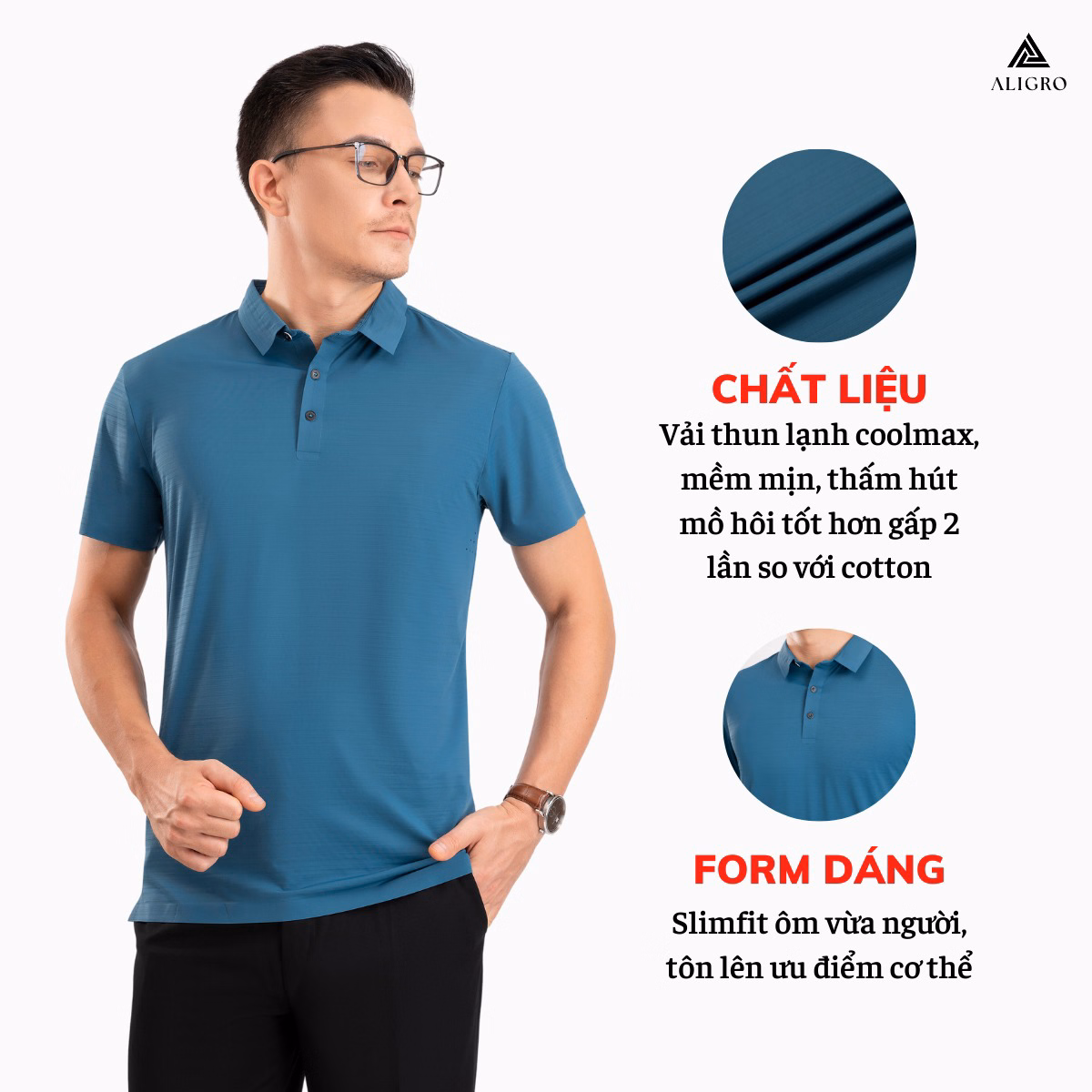 Áo Polo Golf Nam Ngắn Tay Chất Vải Coolmax Màu Xanh Đậm Trơn Năng Động Algplo121- Aligro - Ảnh 3