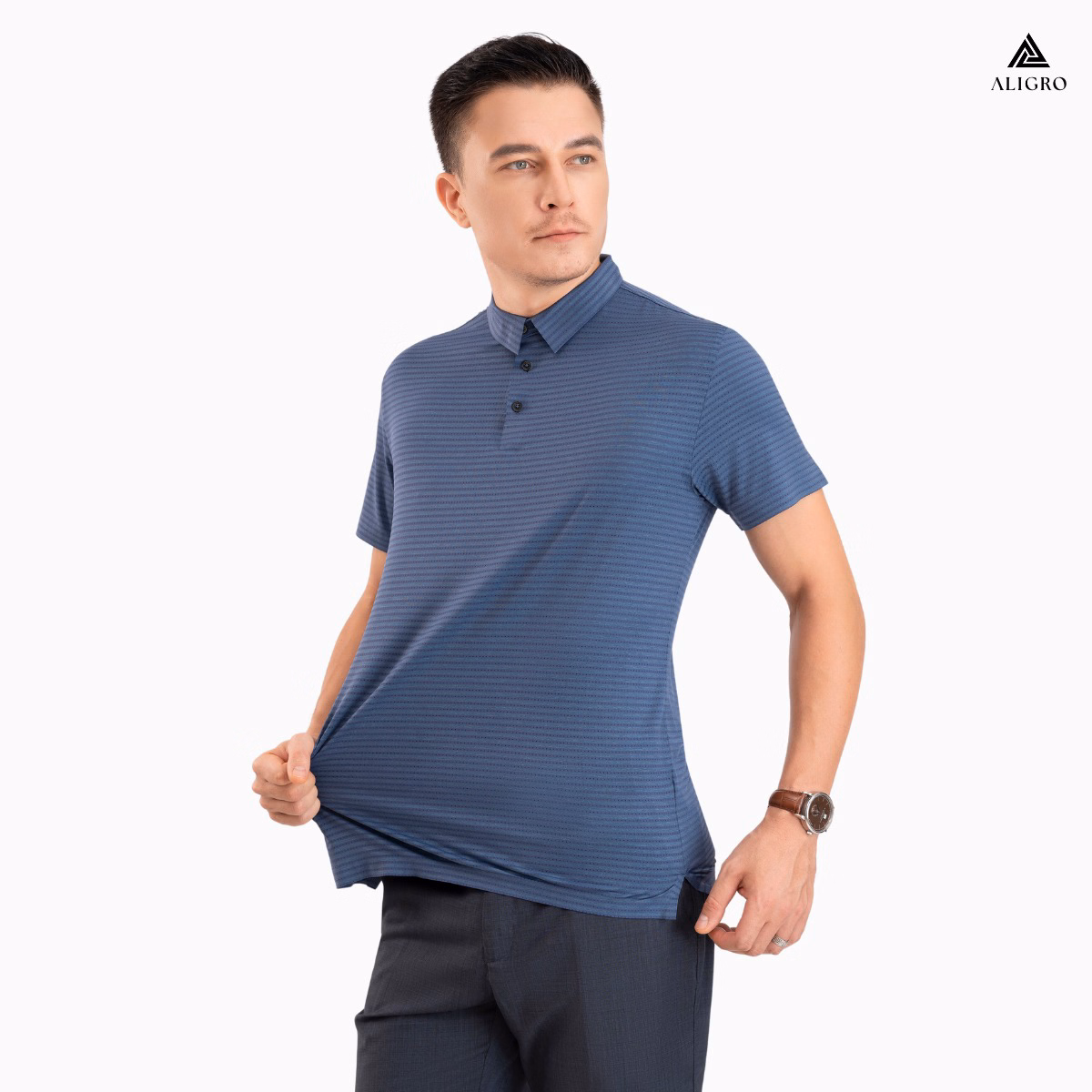 Áo Polo Golf Nam Ngắn Tay Chất Vải Coolmax Màu Xanh Dệt Kẻ Ngang Năng Động Algplo119 - Aligro - Ảnh 4
