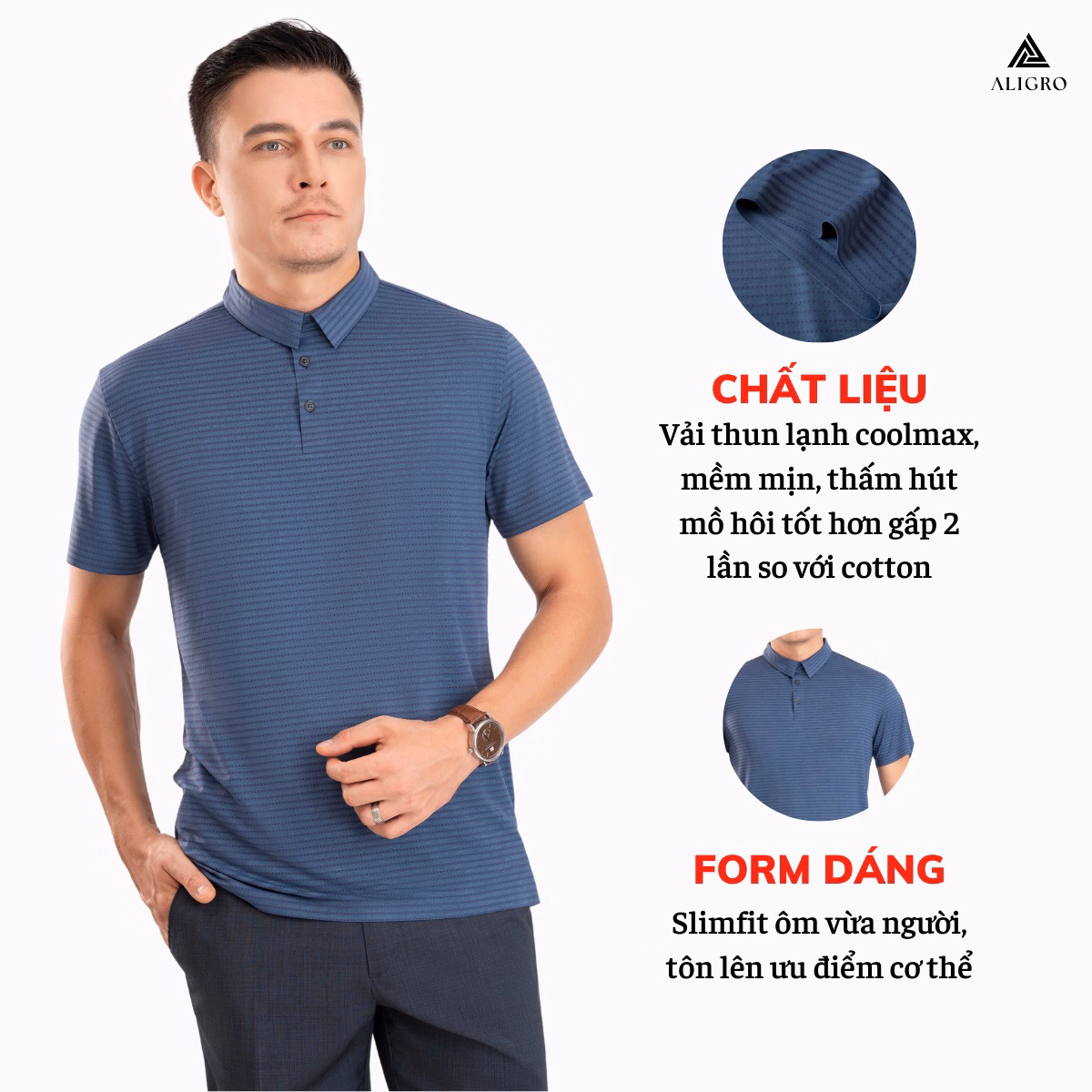 Áo Polo Golf Nam Ngắn Tay Chất Vải Coolmax Màu Xanh Dệt Kẻ Ngang Năng Động Algplo119 - Aligro - Ảnh 3