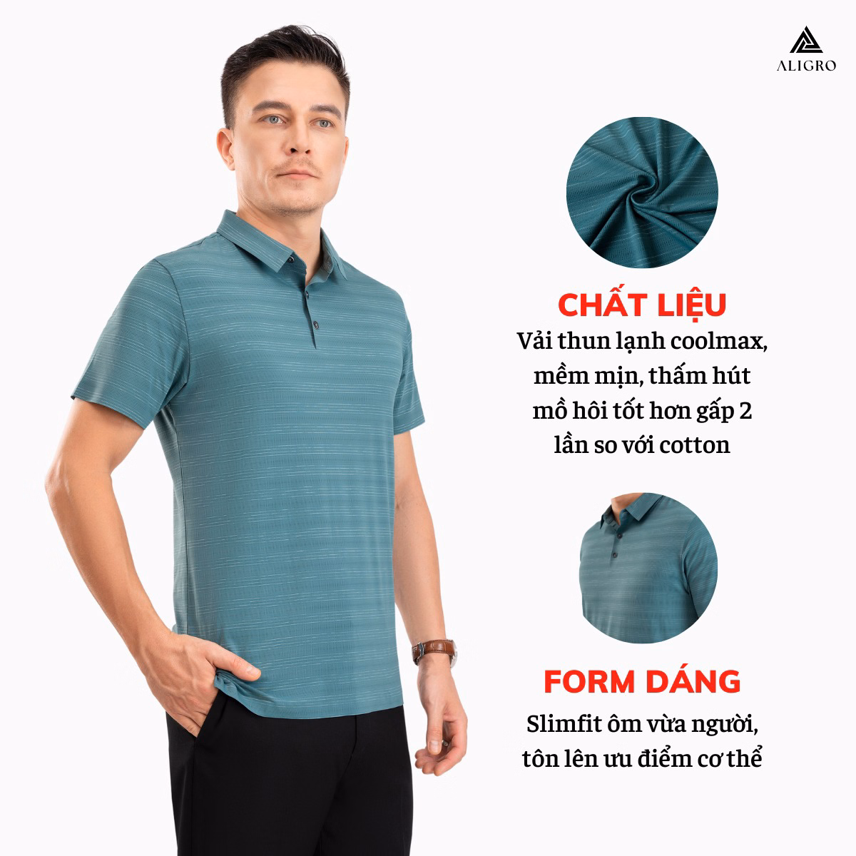 Áo Polo Golf Nam Ngắn Tay Chất Vải Coolmax Kẻ Ngang Màu Xanh Rêu Năng Động Algplo118- Aligro - Ảnh 3