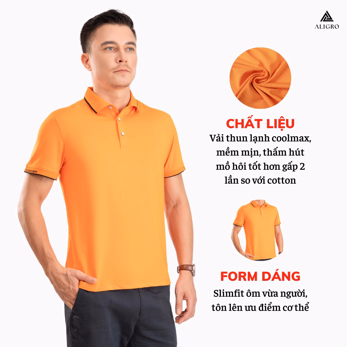 Áo Polo Golf Nam Ngắn Tay Chất Vải Coolmax Màu Cam Năng Động Algplo100 - Aligro - Ảnh 2
