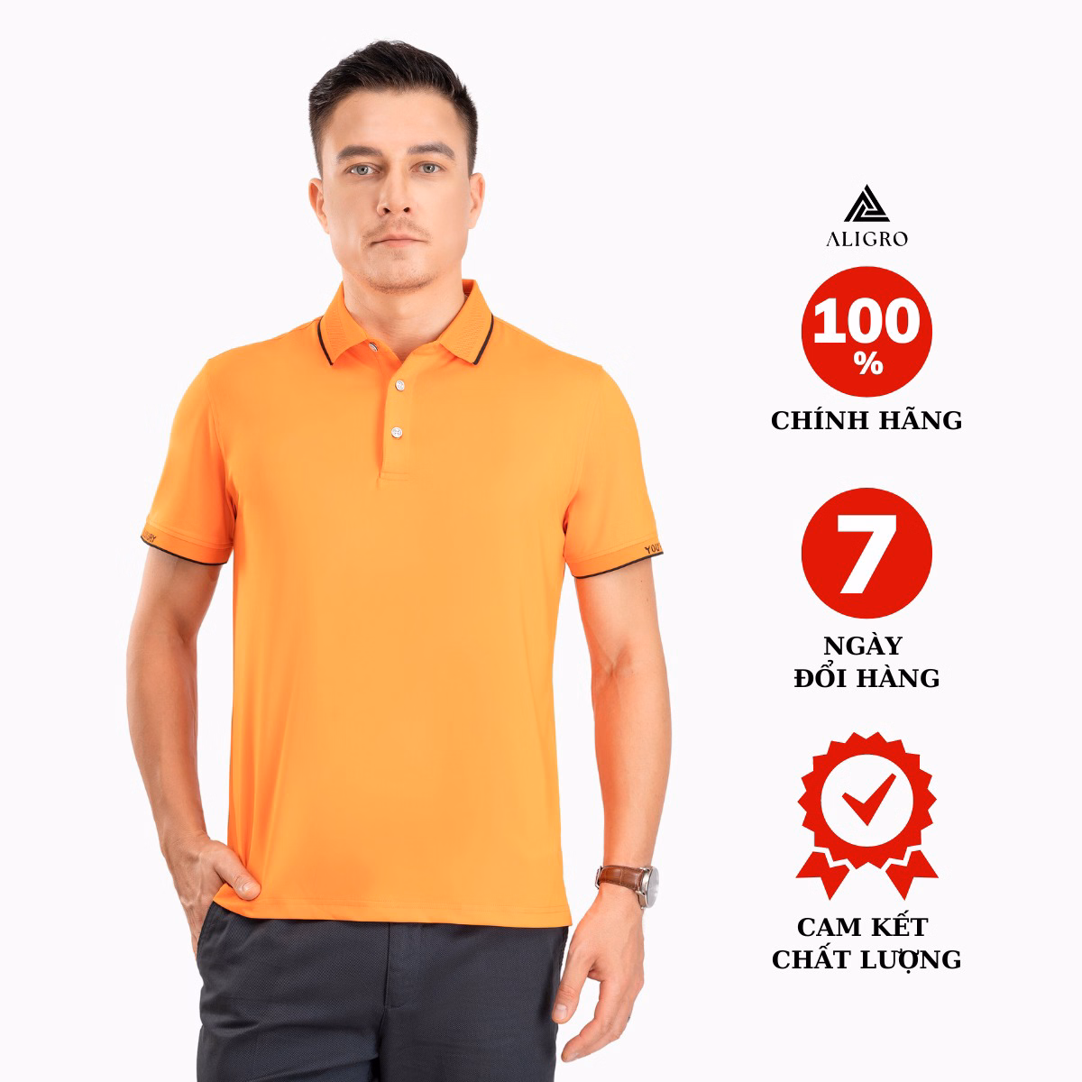 Áo Polo Golf Nam Ngắn Tay Chất Vải Coolmax Màu Cam Năng Động Algplo100 - Aligro